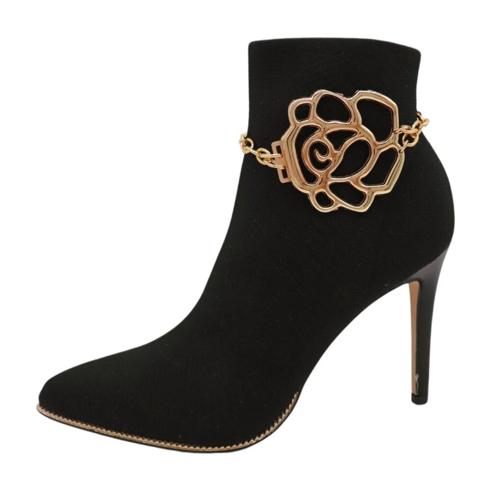 New Women Gold Metal Chain Boot Bracelet Western Shoe Flower Bling Charm Anklet